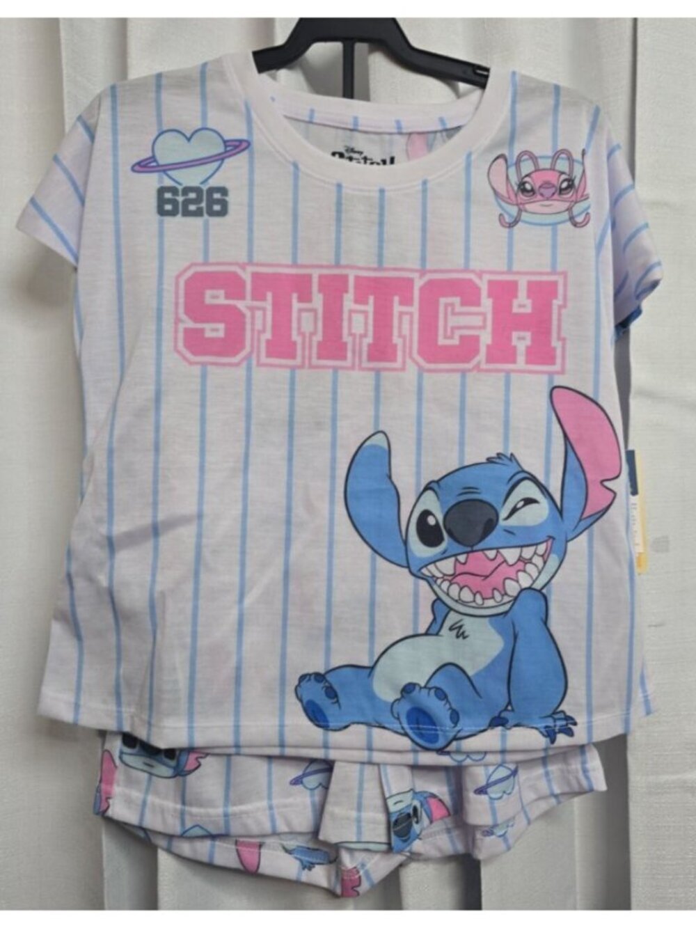 Stitch Girls Size Medium (7/8) Pajama Short Set Blue Striped Short-Sleeved